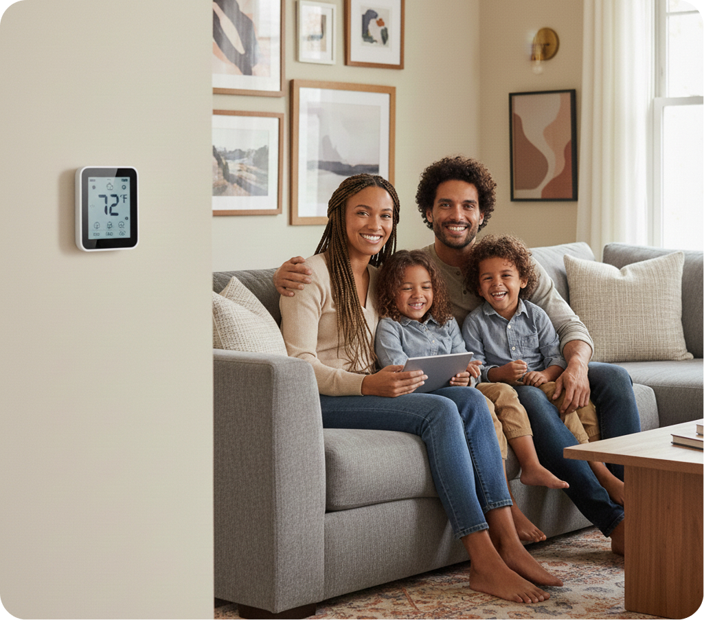 Family on couch with smart thermostat